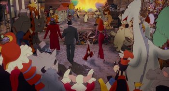 Movie still from “Who Framed Roger Rabbit” (1988), directed by Robert Zemeckis – A group of people standing in a room with a fire in the background; Wide shot, High angle