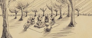 Movie still from “Winnie the Pooh: Blood and Honey” (2023), directed by Rhys Frake-Waterfield – A group of people sitting on the ground in a park; Wide shot, High angle