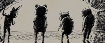 Movie still from “Winnie the Pooh: Blood and Honey” (2023), directed by Rhys Frake-Waterfield – A black and white drawing of two people standing next to each other; Close Up shot, Low angle