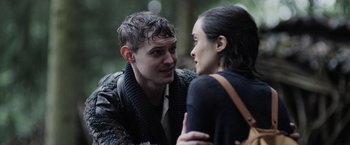 Movie still from “Winnie the Pooh: Blood and Honey” (2023), directed by Rhys Frake-Waterfield – A man and a woman talking to each other; Close Up shot, Over the shoulder angle