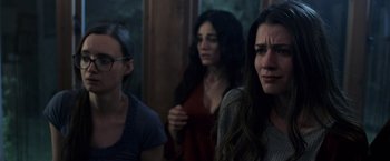 Movie still from “Winnie the Pooh: Blood and Honey” (2023), directed by Rhys Frake-Waterfield – A group of women standing next to each other in a room; Close Up shot, Over the shoulder angle