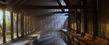 Movie still from “Winnie the Pooh: Blood and Honey” (2023), directed by Rhys Frake-Waterfield – A room filled with lots of lights and a pool of water; Extreme Wide shot, High angle