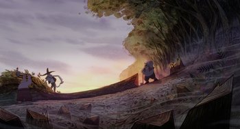 Movie still from “Wolfwalkers” (2020), directed by Ross Stewart – An artistic drawing of a person standing on a hill; Extreme Wide shot, Low angle