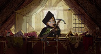 Movie still from “Wolfwalkers” (2020), directed by Ross Stewart – A cartoon of a woman holding a scythe in a room; Wide shot, Overhead angle