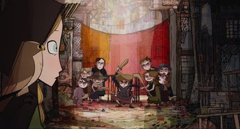 Movie still from “Wolfwalkers” (2020), directed by Ross Stewart – A group of people standing in a room; Wide shot, Over the shoulder angle