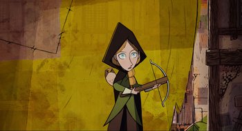 Movie still from “Wolfwalkers” (2020), directed by Ross Stewart – A cartoon of a woman holding a bow and arrow; Medium shot, Over the shoulder angle