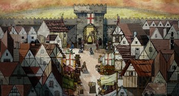 Movie still from “Wolfwalkers” (2020), directed by Ross Stewart – An illustration of a medieval town with a castle and a tower; Extreme Wide shot, High angle