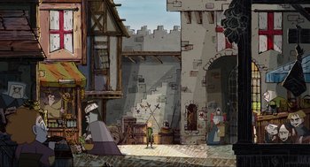 Movie still from “Wolfwalkers” (2020), directed by Ross Stewart – An artistic drawing of an old town with a castle; Extreme Wide shot, Over the shoulder angle