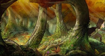 Movie still from “Wolfwalkers” (2020), directed by Ross Stewart – An illustration of a forest with trees and flowers; Extreme Wide shot, High angle