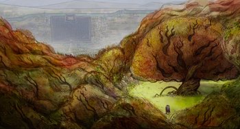 Movie still from “Wolfwalkers” (2020), directed by Ross Stewart – An artistic painting of a person standing on a hill; Extreme Wide shot, Overhead angle