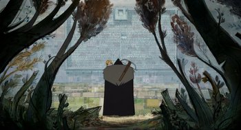 Movie still from “Wolfwalkers” (2020), directed by Ross Stewart – An image of a person with a bag in the middle of a field; Extreme Wide shot, Low angle