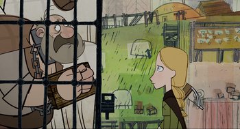 Movie still from “Wolfwalkers” (2020), directed by Ross Stewart – A woman looking at a man in a cage; Close Up shot, Over the shoulder angle