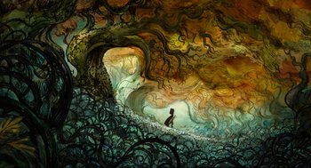 Movie still from “Wolfwalkers” (2020), directed by Ross Stewart – A painting of a person sitting on a hill next to a tree; Extreme Wide shot, Low angle