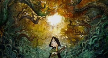 Movie still from “Wolfwalkers” (2020), directed by Ross Stewart – A painting of a woman holding an arrow in front of a forest of trees; Extreme Wide shot, Overhead angle