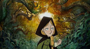 Movie still from “Wolfwalkers” (2020), directed by Ross Stewart – A painting of a woman holding a cookie in her hand; Medium shot, Over the shoulder angle