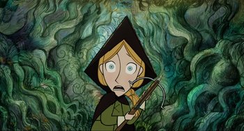 Movie still from “Wolfwalkers” (2020), directed by Ross Stewart – A cartoon picture of a woman holding a bow and arrow; Close Up shot, Overhead angle
