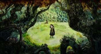 Movie still from “Wolfwalkers” (2020), directed by Ross Stewart – A painting of a girl in the woods; Extreme Wide shot, Overhead angle