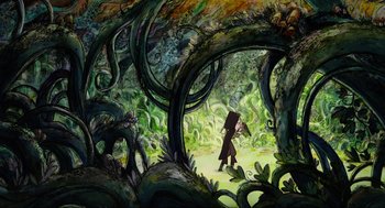 Movie still from “Wolfwalkers” (2020), directed by Ross Stewart – An illustration of a woman walking through a forest; Extreme Wide shot, High angle
