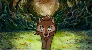 Movie still from “Wolfwalkers” (2020), directed by Ross Stewart – An illustration of a wolf in the woods; Wide shot, Overhead angle