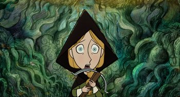 Movie still from “Wolfwalkers” (2020), directed by Ross Stewart – A cartoon of a woman holding a bow and arrow in her mouth; Close Up shot, Overhead angle