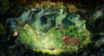 Movie still from “Wolfwalkers” (2020), directed by Ross Stewart – A painting of a dog chasing a bird in a forest; Extreme Wide shot, High angle