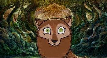 Movie still from “Wolfwalkers” (2020), directed by Ross Stewart – An illustration of an animal with green eyes; Close Up shot, Overhead angle