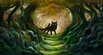 Movie still from “Wolfwalkers” (2020), directed by Ross Stewart – A black cat standing in the middle of a forest; Wide shot, Overhead angle