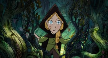 Movie still from “Wolfwalkers” (2020), directed by Ross Stewart – A cartoon of a woman in a forest; Medium shot, Overhead angle
