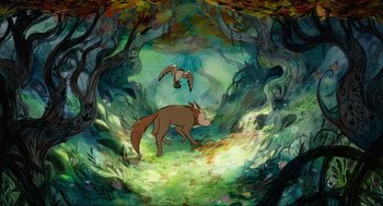 Movie still from “Wolfwalkers” (2020), directed by Ross Stewart – A painting of a wolf and a bird in the woods; Wide shot, High angle