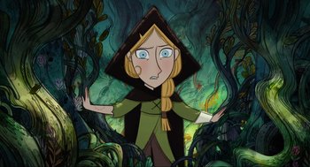 Movie still from “Wolfwalkers” (2020), directed by Ross Stewart – A cartoon of a woman in a forest; Close Up shot, Over the shoulder angle