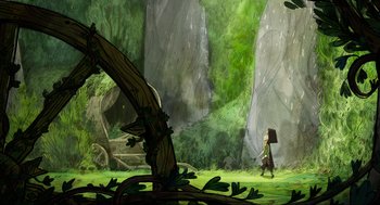 Movie still from “Wolfwalkers” (2020), directed by Ross Stewart – An animated scene of a person walking in the woods; Extreme Wide shot, Over the shoulder angle