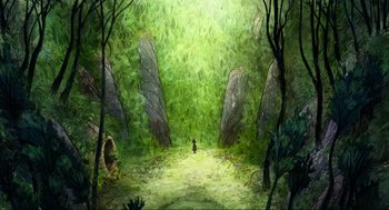 Movie still from “Wolfwalkers” (2020), directed by Ross Stewart – A painting of a forest with a person standing in the middle of it; Extreme Wide shot, High angle