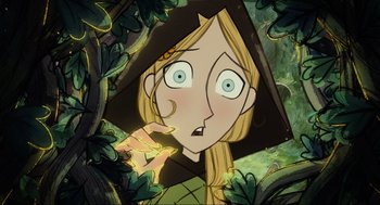 Movie still from “Wolfwalkers” (2020), directed by Ross Stewart – A cartoon picture of a girl in a forest; Close Up shot, Overhead angle