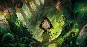 Movie still from “Wolfwalkers” (2020), directed by Ross Stewart – A girl in a green dress in the woods; Wide shot, High angle