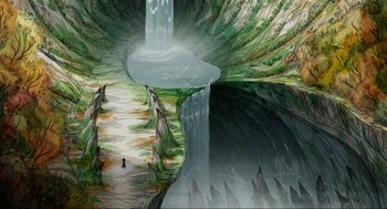 Movie still from “Wolfwalkers” (2020), directed by Ross Stewart – A painting of a waterfall and a person walking on a path; Extreme Wide shot, Overhead angle