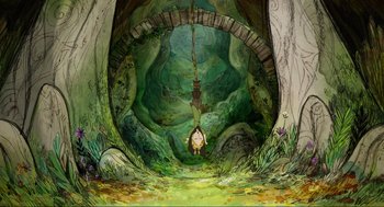 Movie still from “Wolfwalkers” (2020), directed by Ross Stewart – An illustration of a man hanging from a rope in a forest; Extreme Wide shot, High angle