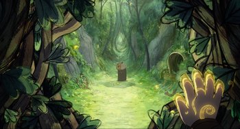 Movie still from “Wolfwalkers” (2020), directed by Ross Stewart – An artistic rendering of a path in the woods; Extreme Wide shot, High angle