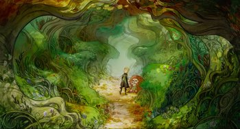 Movie still from “Wolfwalkers” (2020), directed by Ross Stewart – An artistic painting of a person walking through a forest; Extreme Wide shot, High angle