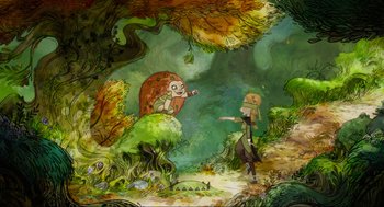 Movie still from “Wolfwalkers” (2020), directed by Ross Stewart – An illustration of two people in the woods; Extreme Wide shot, High angle