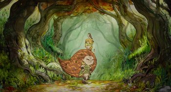 Movie still from “Wolfwalkers” (2020), directed by Ross Stewart – An illustration of a boy and a bird in a forest; Wide shot, Low angle