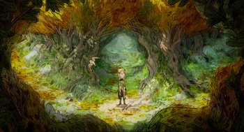 Movie still from “Wolfwalkers” (2020), directed by Ross Stewart – A boy standing in the middle of a forest; Extreme Wide shot, High angle