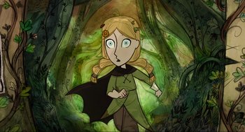 Movie still from “Wolfwalkers” (2020), directed by Ross Stewart – A cartoon of a woman in a green dress; Close Up shot, Over the shoulder angle