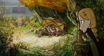 Movie still from “Wolfwalkers” (2020), directed by Ross Stewart – An artistic painting of a scene in a forest; Extreme Wide shot, Over the shoulder angle