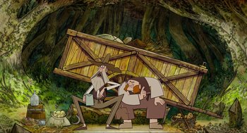 Movie still from “Wolfwalkers” (2020), directed by Ross Stewart – A cartoon of two men standing in front of a wooden structure; Wide shot, Low angle