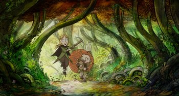 Movie still from “Wolfwalkers” (2020), directed by Ross Stewart – A painting of a girl and a boy in the woods; Wide shot, High angle