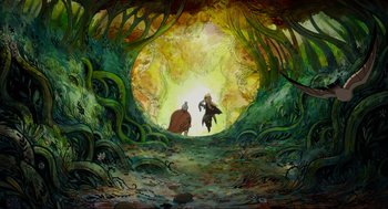 Movie still from “Wolfwalkers” (2020), directed by Ross Stewart – A painting of a man and a horse in the woods; Extreme Wide shot, Overhead angle