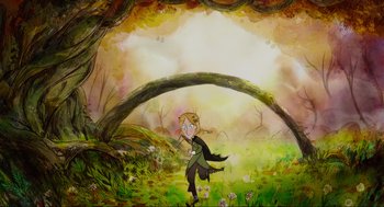 Movie still from “Wolfwalkers” (2020), directed by Ross Stewart – A painting of a woman in a forest; Wide shot, High angle