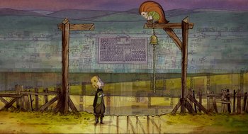 Movie still from “Wolfwalkers” (2020), directed by Ross Stewart – An animated scene of a man standing in front of a cat; Wide shot, Over the shoulder angle