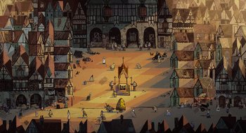 Movie still from “Wolfwalkers” (2020), directed by Ross Stewart – An illustration of an old town with many buildings and people around it; Extreme Wide shot, High angle