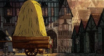 Movie still from “Wolfwalkers” (2020), directed by Ross Stewart – An illustration of a cart with a hay bale on it; Extreme Wide shot, High angle